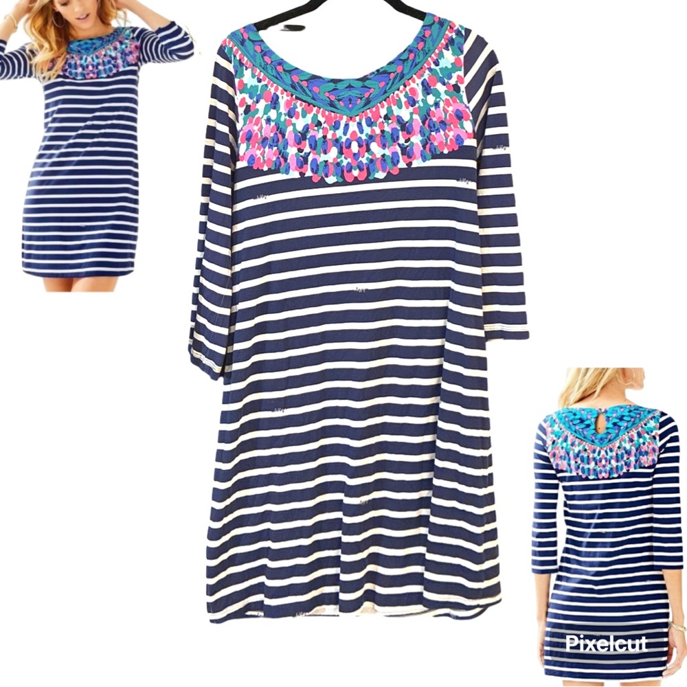 Lilly Pulitzer Bay Dress in Island Medallion & Navy Stripe Print Shirt Dress